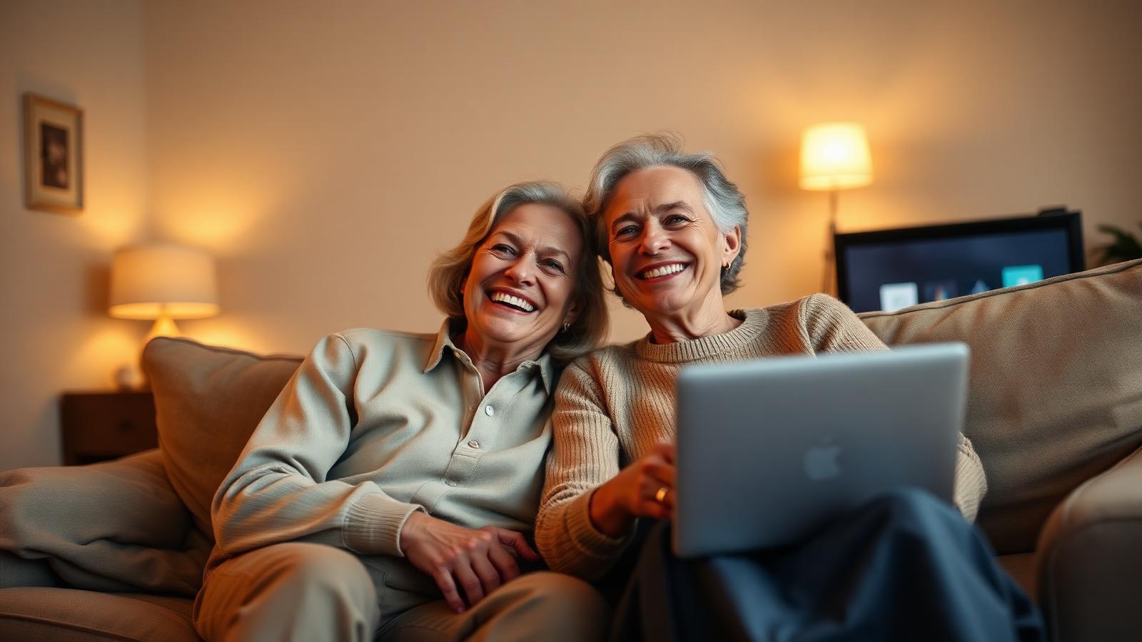 A couple relaxing on the couch, smiling as they settle in for their favorite show.